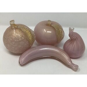 Vintage Alfredo Barbini Pink and Gold Murano Art Glass Fruit Set Aventurine 4pc
